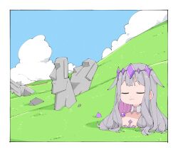 Rule 34 | 1girl, absurdres, blue sky, border, buried, closed eyes, closed mouth, cloud, commentary, crown, crystal, detached collar, dot nose, easter island, grass, grey hair, hair flaps, hair ornament, highres, hill, hololive, hololive english, koseki bijou, koseki bijou (1st costume), landmark, long hair, moai, outdoors, shahmeer blackz, sky, smile, solo, statue, symbol-only commentary, virtual youtuber, white border