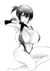 Rule 34 | 1girl, armpits, artist request, ass, asymmetrical hair, black hair, breasts, butt crack, creatures (company), fingerless gloves, game freak, gloves, greyscale, gym leader, hair bun, hair ornament, halterneck, highleg, highleg swimsuit, highres, holding, holding poke ball, huge breasts, leaning forward, looking at viewer, misty (pokemon), misty (the electric tale of pikachu), monochrome, navel, nintendo, nipples, open mouth, poke ball, pokemon, pokemon: the electric tale of pikachu, ponytail, shiny clothes, short hair, simple background, single hair bun, slingshot swimsuit, solo, swimsuit, turtleneck, white background