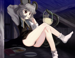 Rule 34 | 1girl, animal ears, bare legs, basket, black panties, blouse, brown eyes, capelet, crossed legs, eating, female focus, grey hair, highres, holding, holding with tail, indoors, jewelry, mouse (animal), mouse ears, mouse tail, nazrin, panties, pantyshot, pendant, plate, prehensile tail, shirt, short hair, sitting, socks, solo, syope, tail, touhou, underwear, white shirt, white socks