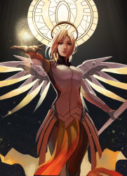 Rule 34 | 1girl, armor, black gloves, blonde hair, blue eyes, bodysuit, breastplate, breasts, brown pantyhose, cowboy shot, cross, faulds, gloves, halo, hand up, headgear, highres, holding, holding staff, holding weapon, loincloth, long hair, looking at viewer, mechanical halo, mechanical wings, medium breasts, mercy (overwatch), overwatch, overwatch 1, pantyhose, parted lips, pelvic curtain, ponytail, red cross, solo, spread wings, staff, swiss flag, tazoo (yuicc930), turtleneck, weapon, wings, yellow wings
