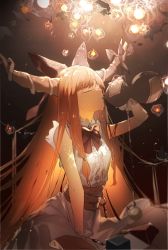 Rule 34 | 1girl, bare arms, belt, bow, bowtie, chain, closed mouth, drinking, gourd, hair bow, highres, holding, horn ornament, horn ribbon, horns, ibuki suika, long hair, no-kan, orange hair, red bow, red bowtie, ribbon, shirt, sitting, sleeveless, sleeveless shirt, solo, spilling, touhou, very long hair, white shirt, wrist cuffs