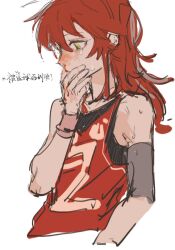Rule 34 | 1girl, armband, blood, blood on hands, blush, bocchi the rock!, chinese text, cropped torso, green eyes, highres, jersey, kita ikuyo, lingyi, long hair, nosebleed, one side up, red hair, red tank top, simple background, solo, sweat, tank top, tears, translation request, upper body, white background, wristband
