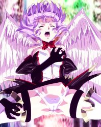 Rule 34 | 1girl, absurdres, angel wings, ass, bow, bowtie, grabbing another&#039;s breast, breasts, cameltoe, cleft of venus, detached sleeves, closed eyes, grabbing, highleg, highleg panties, highres, kyuel, large breasts, light purple hair, long hair, midriff, navel, open mouth, panties, queen&#039;s blade, queen&#039;s blade grimoire, restrained, screencap, solo, spread legs, stitched, third-party edit, thong, underwear, urushihara satoshi, white panties, wings