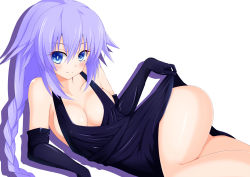 Rule 34 | 10s, 1girl, alternate costume, blue eyes, blush, braid, breasts, cleavage, dress, female focus, highres, long hair, looking at viewer, neptune (neptunia), neptune (series), purple hair, purple heart (neptunia), purple heart (goddesses&#039; promise), smile, solo, symbol-shaped pupils, tamaki (tamaki pic), thighs
