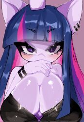 Rule 34 | 1girl, animal ears, blue hair, blush, bracelet, breasts, chest jewel, cleavage, colored skin, ear piercing, furry, furry female, hand covering mouth, highres, horns, horse ears, horse girl, huge breasts, jewelry, looking at viewer, mikatsu27, multicolored hair, my little pony, piercing, pink hair, purple eyes, purple hair, purple skin, single horn, twilight sparkle