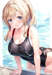 Rule 34 | 1girl, :d, alice gear aegis, ass, black one-piece swimsuit, blonde hair, blue eyes, blush, breasts, cleavage, collarbone, competition swimsuit, covered navel, dot nose, hair between eyes, highres, kakerayuri, large breasts, long hair, one-piece swimsuit, open mouth, ponytail, pool, rita henschel, sidelocks, signature, smile, solo, swimsuit, wet