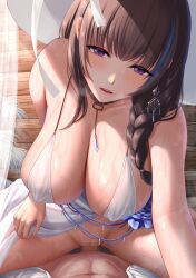 Rule 34 | 1boy, 1girl, bikini, blue hair, blush, braid, braided ponytail, breasts, brown hair, censored, goddess of victory: nikke, hair over shoulder, hanging breasts, hat, hetero, huge breasts, large hat, long hair, looking at viewer, mary (bay goddess) (nikke), mary (nikke), momi yuro, mosaic censoring, multicolored hair, official alternate costume, purple eyes, sex, streaked hair, sun hat, sweat, swimsuit, swimsuit cover-up, unusually open eyes, vaginal, white bikini