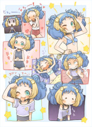 Rule 34 | &gt; &lt;, 1girl, :d, ;q, arms up, bare arms, bare shoulders, bikini, black one-piece swimsuit, blonde hair, blue bikini, blue bra, blue hair, blue panties, blush, bow, bow bra, bra, breasts, buruma, closed eyes, closed mouth, copyright request, double bun, forehead, gym shirt, gym uniform, hair bun, hair ornament, heart, heart in mouth, interlocked fingers, multicolored hair, nose blush, old school swimsuit, one-piece swimsuit, one eye closed, open mouth, own hands clasped, own hands together, panties, puffy short sleeves, puffy sleeves, purple shirt, red buruma, sailor bikini, sailor collar, school swimsuit, shirt, short eyebrows, short sleeves, small breasts, smile, star (symbol), star hair ornament, streaked hair, swimsuit, tears, tongue, tongue out, turn pale, twintails day, under covers, underwear, underwear only, white sailor collar, white shirt, xd, zangetsumaru, | |