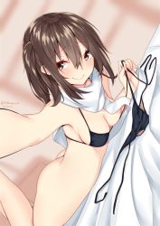 Rule 34 | 10s, 1girl, 2016, armpits, artist name, ass, bed sheet, bikini, unworn bikini bottom, black bikini, blush, bottomless, breasts, brown eyes, brown hair, cleavage, closed mouth, dated, dutch angle, foreshortening, hair between eyes, kantai collection, legs up, looking at viewer, lying, matching hair/eyes, medium breasts, nebusoku, on stomach, outstretched arm, perspective, reaching, reaching towards viewer, scarf, selfie, sendai (kancolle), short twintails, side-tie bikini bottom, smile, solo, swimsuit, the pose, twintails, twitter username, two side up, white scarf