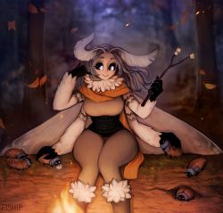 Rule 34 | 1girl, absurdres, antennae, arthropod girl, artist name, autumn, autumn leaves, black sclera, blurry, blurry background, boots, branch, caterpillar, colored sclera, commentary, english commentary, extra arms, falling leaves, fire, food, forest, fur-trimmed boots, fur collar, fur trim, grey hair, headpat, highres, insect girl, insect wings, knees together feet apart, larva, leaf, long hair, looking away, marshmallow, matilda fiship, monster girl, moth girl, moth wings, mother lumi (matilda fiship), narrow waist, nature, night, orange scarf, original, outdoors, pants, scarf, sitting, smile, solo, thick eyebrows, tree, white eyes, wind, wings