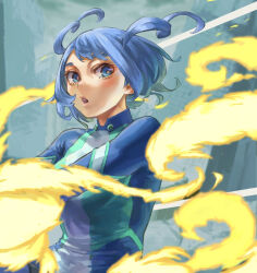 Rule 34 | 1girl, absurdres, blue bodysuit, blue eyes, blue hair, bodysuit, boku no hero academia, building, cloud, cloudy sky, commentary request, drill hair, energy, green bodysuit, hadou nejire, hair horns, highres, multicolored bodysuit, multicolored clothes, official alternate hair length, official alternate hairstyle, open mouth, outdoors, partial commentary, short hair, sky, solo, twin drills, white bodysuit, yomoyama yotabanashi