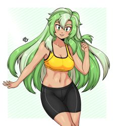 Rule 34 | 1girl, black shorts, blush, bra, breasts, cleavage, collarbone, commission, eyebrows, green eyes, green hair, grin, highres, large breasts, long hair, looking at viewer, multicolored hair, navel, original, parted lips, shorts, smile, solo, sports bra, taggo, tan, teeth, underwear, very long hair, yellow bra