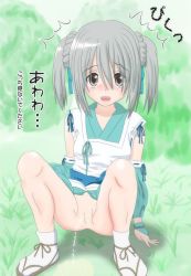 Rule 34 | 1girl, arm support, aztro, blush, breasts, bush, collarbone, detached sleeves, dress, grass, grey eyes, long hair, looking at viewer, no panties, oda nobuna no yabou, open mouth, peeing, puddle, pussy, sandals, short sleeves, silver hair, small breasts, socks, squatting, surprised, takenaka hanbee (oda nobuna no yabou), twintails, uncensored, white dress, white legwear