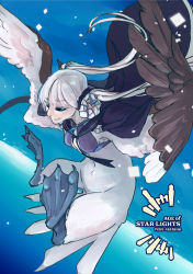 Rule 34 | 1girl, 2tiyonne214, black cape, blue sky, breasts, cape, cleavage, closed eyes, copyright name, day, feathered wings, gannet (pixiv fantasia age of starlight), harpy, highres, long hair, monster girl, outdoors, pixiv fantasia, pixiv fantasia age of starlight, sky, small breasts, solo, twintails, webbed feet, white hair, wings