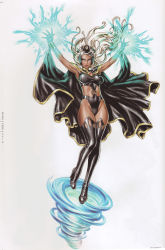Rule 34 | 1girl, absurdres, animification, armpits, arms up, black thighhighs, blush, boots, breasts, cape, character name, clothing cutout, dark-skinned female, dark skin, electricity, fighting stance, fingernails, floating hair, flying, full body, gem, glowing, groin, high heel boots, high heels, highleg, highleg leotard, highres, kotobukiya, kotobukiya bishoujo, legs together, leotard, lipstick, long fingernails, long hair, looking at viewer, makeup, marvel, mask, medium breasts, midriff, non-web source, o-ring, ororo munroe, red gemstone, shiny clothes, shirt, shoes, side cutout, silver hair, simple background, skin tight, solo, standing, storm (x-men), taut clothes, taut shirt, thigh boots, thighhighs, thighs, tornado, turtleneck, vambraces, wavy hair, white background, wind, x-men, yamashita shun&#039;ya