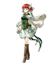 Rule 34 | 1girl, boots, breasts, cape, elbow gloves, feathers, fire emblem, fire emblem: the blazing blade, fire emblem heroes, full body, gloves, green eyes, hair ornament, highres, kaya8, knee boots, looking at viewer, medium breasts, nintendo, official art, priscilla (fire emblem), red hair, see-through, short hair, skirt, sleeveless, smile, solo, transparent background, white gloves