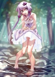 Rule 34 | 1girl, barefoot, commentary request, dress, hair ornament, highres, long hair, looking at viewer, open mouth, purple eyes, purple hair, short hair with long locks, smile, solo, soon (c-u-soon), tree, twintails, vocaloid, water, yuzuki yukari