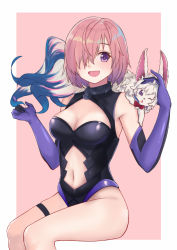 Rule 34 | 1girl, :d, bare shoulders, black leotard, border, breasts, cleavage, cleavage cutout, clothing cutout, creature, creature on shoulder, elbow gloves, fate/grand order, fate (series), flower, fou (fate), gloves, hair flower, hair ornament, highres, invisible chair, itachi kanade, leotard, mash kyrielight, medium breasts, navel, navel cutout, on shoulder, open mouth, headpat, pink background, pink hair, purple eyes, purple gloves, short hair, simple background, sitting, smile, thigh strap, thighs, white border