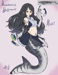 Rule 34 | 1girl, a.c. hunter, absurdres, bare shoulders, black hair, black skirt, breasts, claws, commentary, crop top, dinosaur girl, english commentary, fish, flippers, forked tongue, highres, large breasts, long hair, mermaid, midriff, monster girl, navel, orange eyes, orange hair, original, pink background, pointy ears, reference inset, skirt, sleeveless, sleeveless turtleneck, solo, tongue, tongue out, turtleneck, webbed hands