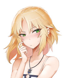 Rule 34 | 1girl, bare shoulders, blonde hair, blush, collarbone, eyebrows, fate/grand order, fate (series), female focus, green eyes, half-closed eyes, jewelry, kengzeta, looking at viewer, medium hair, mordred (fate), mordred (fate/apocrypha), mordred (memories at trifas) (fate), pendant, simple background, solo, sweatdrop, white background