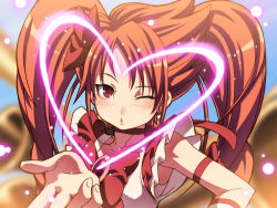 Rule 34 | 1girl, ;o, armband, blowing kiss, blush, bow, brooch, choker, cosplay, cure melody, cure rouge, earrings, flat chest, fusion, glowing, hair ornament, heart, houjou hibiki, incoming kiss, jewelry, long hair, looking at viewer, magical girl, natsuki rin, one eye closed, parody, precure, red eyes, red hair, ribbon, sleeveless, solo, suite precure, tasaka shinnosuke, twintails, upper body, wink, yes! precure 5
