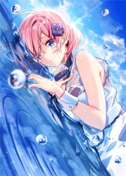 Rule 34 | 1girl, bare shoulders, cloud, commentary request, day, dress, eyes visible through hair, fate/grand order, fate (series), hair between eyes, highres, looking at viewer, lying, mash kyrielight, mash kyrielight (under the same sky), murakami yuichi, official alternate costume, on side, outdoors, purple eyes, purple hair, sky, sleeveless, smile, solo, water, wet, wrist cuffs