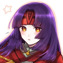 Rule 34 | 1girl, fire emblem, fire emblem: radiant dawn, headband, highres, long hair, looking at viewer, misato hao, nintendo, open mouth, outline, parted bangs, purple hair, red headband, sanaki kirsch altina, signature, solo, star (symbol), upper body, white background, yellow eyes