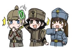 Rule 34 | 3girls, anyan (jooho), austria-hungary, black hair, blonde hair, blue eyes, brown eyes, brown hair, card, commentary, english commentary, germany, hat, helmet, historical event, italy, military, military hat, military uniform, multiple girls, original, pickelhaube, surprised, uniform, uno (game), world war i