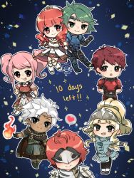 Rule 34 | !, !!, 3girls, 4boys, alm (fire emblem), armor, armored boots, blonde hair, boey (fire emblem), boots, brown eyes, cape, celica (fire emblem), chibi, circlet, clair (fire emblem), conrad (fire emblem), countdown, curly hair, dark skin, fire, fire emblem, fire emblem echoes: shadows of valentia, gloves, green eyes, green hair, heart, highres, long hair, lukas (fire emblem), mae (fire emblem), mask, multiple boys, multiple girls, nintendo, open mouth, orange hair, pink hair, ponytail, red eyes, red hair, tcong, teeth, tiara, tongue, tongue out, twintails, white hair