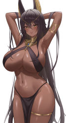 Rule 34 | 1girl, absurdres, animal ears, areola slip, armpits, arms behind head, arms up, bad id, bad pixiv id, bare shoulders, biya (1024), black hair, blue gemstone, blush, breasts, cleavage, dark-skinned female, dark areolae, dark skin, egyptian clothes, gem, highres, huge breasts, jackal ears, long hair, looking at viewer, navel, open mouth, original, pelvic curtain, revealing clothes, shiny skin, sibuna (biya (1024)), simple background, smile, solo, stomach, thighs, very long hair, white background, yellow eyes