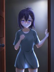 Rule 34 | 10s, 1girl, blush, clenched hand, collarbone, doorway, embarrassed, gabriel dropout, green shirt, hair between eyes, hair ornament, hairclip, hand on own chest, highres, kannazuki kenji, looking away, nose blush, open door, oversized clothes, oversized shirt, purple eyes, purple hair, see-through silhouette, shirt, short sleeves, solo, standing, t-shirt, vignette tsukinose april, wet, wet hair, x hair ornament