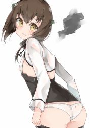 Rule 34 | 10s, 1girl, ass, bike shorts, bike shorts pull, blush, brown eyes, brown hair, butt crack, cole (coleltu), covered erect nipples, flat chest, headband, headgear, kantai collection, looking at viewer, panties, short hair, simple background, solo, taihou (kancolle), underwear, white panties, yellow eyes