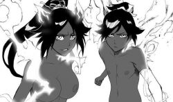 Rule 34 | 1boy, 1girl, artist request, black hair, bleach, bleach: sennen kessen-hen, breasts, brother and sister, clenched hand, clothed male nude female, dark-skinned female, dark-skinned male, dark skin, elbow gloves, frown, gloves, highres, jitome, large breasts, linea alba, long hair, looking at viewer, monochrome, navel, nipples, nude, out-of-frame censoring, pectorals, ponytail, purple hair, shihouin yoruichi, shihouin yuushirou, siblings, single glove, source request, trap, white background, white gloves, yellow eyes
