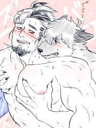 Rule 34 | 2boys, animal ears, bara, blush, boogeyman (housamo), completely nude, couple, dog boy, dog ears, drooling, eye contact, facial hair, from above, furrification, furry, furry male, furry with non-furry, goatee, grabbing, groping, hair slicked back, hand on another&#039;s shoulder, highres, implied anal, implied sex, interspecies, large pectorals, long sideburns, looking at another, male focus, protagonist 4 (housamo), mature male, motion lines, multicolored hair, multiple boys, muscular, muscular male, navel, nipples, nude, pectoral grab, pectorals, ponytail, short hair, sideburns, spot color, stomach, suzuki80, sweat, sweatdrop, thick eyebrows, tokyo houkago summoners, torogao, translation request, two-tone hair, upper body, veins, veiny arms, yaoi