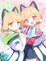 Rule 34 | 2girls, animal ear headphones, animal ears, anzen robo (474zz), black skirt, blonde hair, blue archive, blush, closed mouth, collared shirt, cowboy shot, fake animal ears, green eyes, green halo, halo, headphones, jacket, long sleeves, looking at viewer, midori (blue archive), momoi (blue archive), multiple girls, open mouth, pink halo, pleated skirt, red eyes, shirt, short hair, siblings, sisters, skirt, smile, twins, white jacket, white shirt