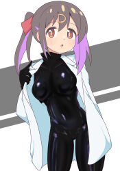 Rule 34 | 1girl, :o, absurdres, black hair, bodysuit, breasts, coat, colored inner hair, commentary, covered navel, hair between eyes, hair ornament, hair ribbon, hairclip, highres, lab coat, large breasts, latex, latex bodysuit, long hair, looking at viewer, multicolored hair, namari siro, onii-chan wa oshimai!, open clothes, open coat, open mouth, oyama mihari, pointing, pointing at self, purple hair, red ribbon, ribbon, simple background, skin tight, solo, twintails, two-tone hair