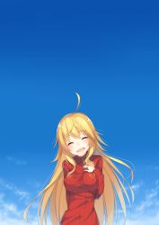 Rule 34 | 1girl, 7zu7, :d, ^ ^, blonde hair, closed eyes, closed eyes, highres, hoshii miki, idolmaster, idolmaster (classic), jewelry, long hair, open mouth, ribbed sweater, ring, sky, smile, solo, sweater