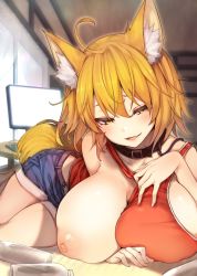 Rule 34 | 1girl, :d, ahoge, animal ear fluff, animal ears, blonde hair, blush, bottle, breasts, collar, denim, denim shorts, fang, fox ears, fox tail, large breasts, leash, long hair, looking at viewer, milliwal, nipples, one breast out, open mouth, original, shorts, sidelocks, skin fang, smile, solo, tail, tank top, tatami, tousen, yellow eyes