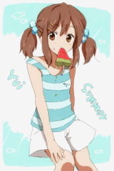 Rule 34 | 1girl, alternate hairstyle, aon0, bad id, bad pixiv id, bar (place), brown eyes, brown hair, female focus, food, fruit, hair ornament, hairpin, hirasawa yui, k-on!, mouth hold, popsicle, shorts, solo, striped, summer, twintails, watermelon, watermelon bar