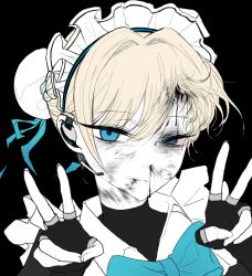 Rule 34 | 1girl, apron, black background, black blood, black shirt, blonde hair, blood, blue archive, blue eyes, bow, bowtie, bruise, bruised eye, bun cover, closed mouth, double v, earpiece, fingerless gloves, gloves, hair bun, half-closed eyes, hands up, highres, injury, looking at viewer, maid apron, maid headdress, microphone, nosebleed, ryona, shironism, shirt, short hair, solo, toki (blue archive), v