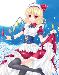 Rule 34 | 1girl, alternate costume, alternate hairstyle, alternate headwear, bad anatomy, black thighhighs, blonde hair, clothes lift, dress, dress lift, enmaided, female focus, flandre scarlet, flower, fred0092, full moon, hat, highres, maid, maid headdress, moon, petals, rose, short hair, solo, thighhighs, touhou, white flower, white rose, wings