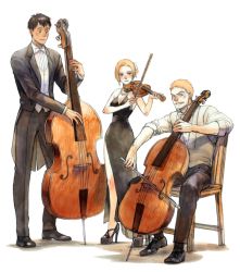 Rule 34 | 1girl, 2boys, alternate costume, annie leonhart, bertolt hoover, black dress, black pants, black suit, blonde hair, blush, bow, bow (music), bowtie, brown hair, cello, double bass, dress, formal, full body, high heels, holding, holding instrument, holding violin, instrument, jewelry, multiple boys, music, necklace, open-toe shoes, pants, platform footwear, platform heels, playing instrument, prema-ja, reiner braun, shingeki no kyojin, short hair, sleeves rolled up, smile, standing, stiletto heels, suit, traditional bowtie, violin, white background, white bow, white bowtie