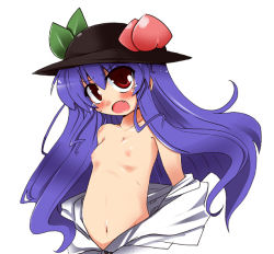 Rule 34 | 1girl, blue hair, blush, breasts, fang, female focus, flat chest, food, fruit, hat, hinanawi tenshi, long hair, navel, nipples, off shoulder, open mouth, peach, red eyes, shirogane (platinum), solo, tears, touhou