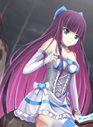 Rule 34 | 10s, 1girl, bare shoulders, blue eyes, blue ribbon, breasts, bridal gauntlets, chain, colored inner hair, female focus, fllay, hair ribbon, long hair, multicolored hair, outdoors, panty &amp; stocking with garterbelt, ribbon, skirt, sky, solo, stocking (psg), striped clothes, striped thighhighs, thighhighs, two-tone hair, weapon
