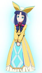 Rule 34 | 1girl, blue eyes, blue hair, closed mouth, dragon quest, dragon quest vii, dress, fosse (dq7), full body, hat, long hair, looking at viewer, robe, smile, solo, standing, twintails, veil, yellow dress, yoshida keiji
