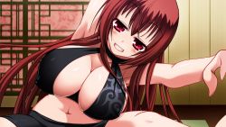 Rule 34 | 1girl, arm up, armpits, bare arms, bare shoulders, bike shorts, blush, breasts, cleavage, clenched teeth, covered erect nipples, exercising, eyebrows, game cg, houtoku reimei, huge breasts, indoors, legs, long hair, looking at viewer, matching hair/eyes, midriff, navel, original, red eyes, red hair, sangoku hime, sangoku hime 2, sitting, sleeveless, smile, solo, teeth, thighs, unicorn-a