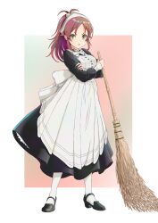 Rule 34 | 1girl, absurdres, aisha greyrat, apron, artist request, black dress, black footwear, border, breasts, broom, crossed arms, dress, full body, gradient background, green eyes, highres, long hair, long sleeves, looking at viewer, maid, maid headdress, medium breasts, mushoku tensei, open mouth, pantyhose, pink background, ponytail, red hair, solo, standing, white border, white pantyhose