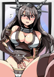 Rule 34 | 10s, 1girl, black gloves, black hair, blush, breasts, brown thighhighs, cameltoe, cleavage, collar, elbow gloves, fingerless gloves, flying sweatdrops, gloves, hair ornament, hand on own stomach, highres, kantai collection, large breasts, long hair, nagato (kancolle), no pants, open mouth, panties, red eyes, shirt, sleeveless, sleeveless shirt, solo, spread legs, striped clothes, striped panties, thighhighs, tukiwani, underwear, very long hair
