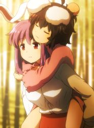 Rule 34 | 2girls, ahoge, animal ears, bamboo, bamboo forest, black hair, blurry, blurry background, breasts, carrying, closed eyes, closed mouth, commentary request, depth of field, dress, forest, hair between eyes, head bump, inaba tewi, long hair, medium breasts, multiple girls, nature, outdoors, piggyback, pink dress, purple hair, rabbit ears, red eyes, red skirt, reisen udongein inaba, shirosato, shirt, skirt, sunset, touhou, white shirt