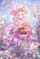 Rule 34 | 1girl, absurdres, animal ears, apron, asymmetrical footwear, asymmetrical legwear, basket, bell, berry, bird, blonde hair, blue eyes, blurry, blurry background, boots, boqing xiao guafu, bow, bow legwear, branch, bridal garter, brown choker, brown footwear, bug, butterfly, cherry blossoms, choker, commission, cross-laced footwear, day, eyelashes, field, flower, flower field, frilled apron, frills, full body, grey footwear, hair flower, hair ornament, hat, hat bell, hat flower, hat ribbon, high heel boots, high heels, highres, holding, holding basket, holding petal, insect, japanese clothes, kimono, knee boots, lace, lace-trimmed skirt, lace trim, light blush, lily of the valley, long hair, long sleeves, low twintails, miniskirt, mismatched footwear, mismatched legwear, neck bell, original, outdoors, outstretched hand, parted lips, petals, pink bow, pink butterfly, pink flower, pink garter, pink kimono, pink rose, pink skirt, pink sleeves, rabbit ears, rabbit girl, ribbon, rose, sample watermark, single thighhigh, skirt, solo, striped bow, striped clothes, striped thighhighs, sun hat, thighhighs, twintails, vertical-striped clothes, vertical-striped thighhighs, watermark, wavy hair, white apron, white bird, white flower, white thighhighs, wide sleeves, yellow hat